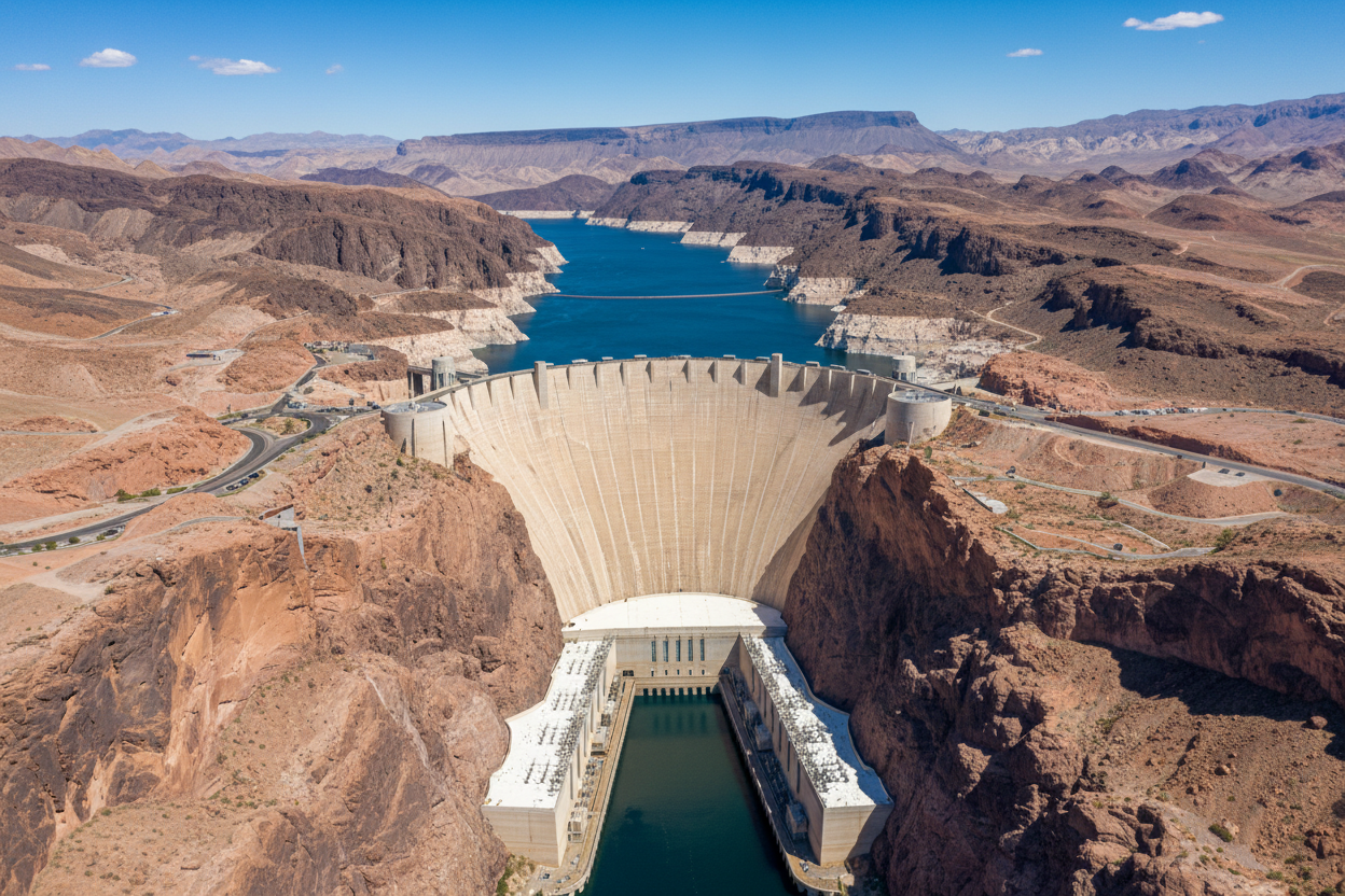 Aerial view of Hoover Dam and Lake Mead