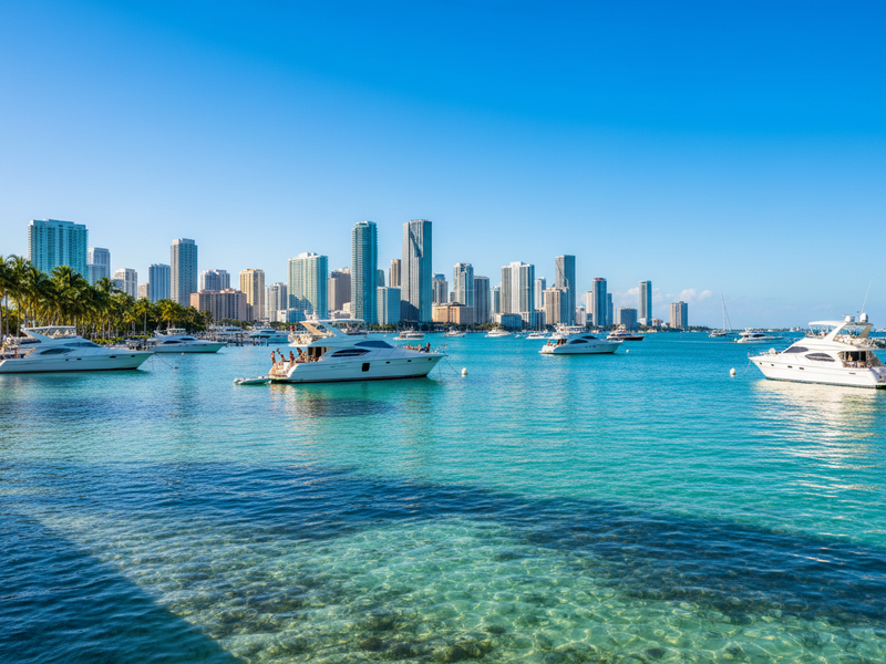 Biscayne Bay Miami with skyline and yachts