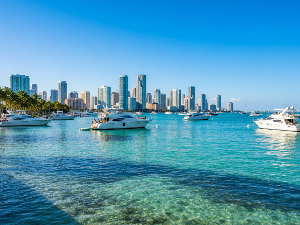Biscayne Bay Miami with skyline and yachts