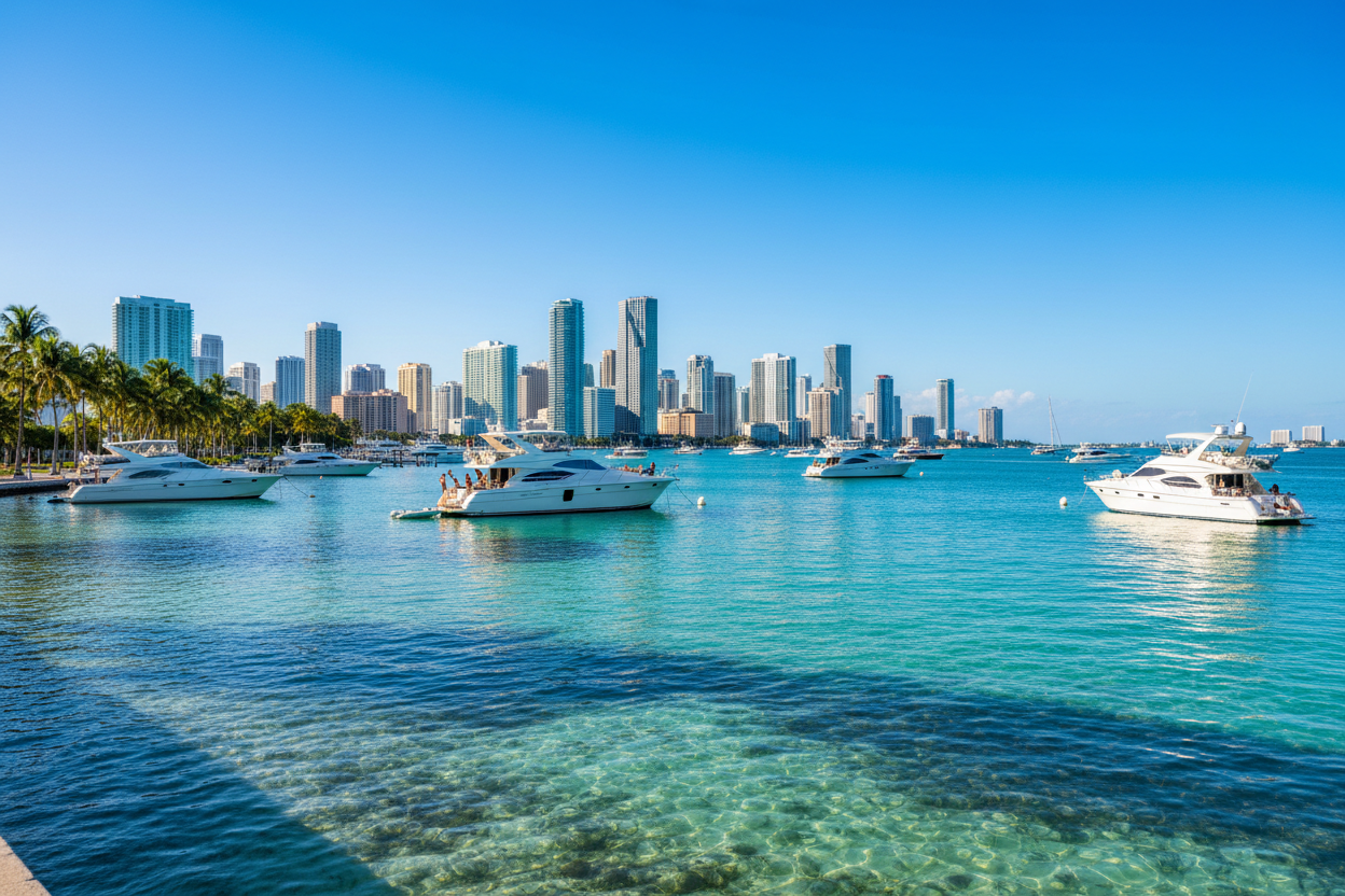 Biscayne Bay Miami with skyline and yachts
