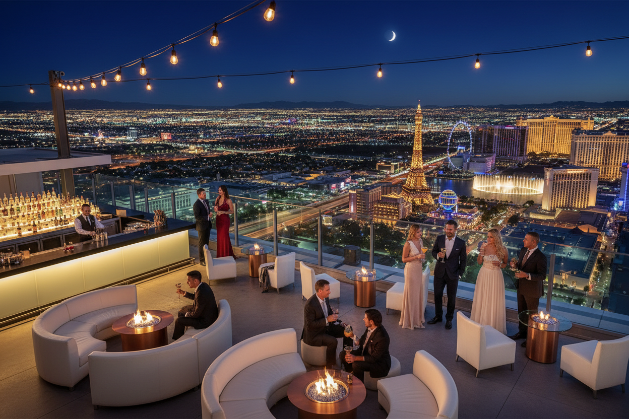 Elegant rooftop bar with Las Vegas skyline views