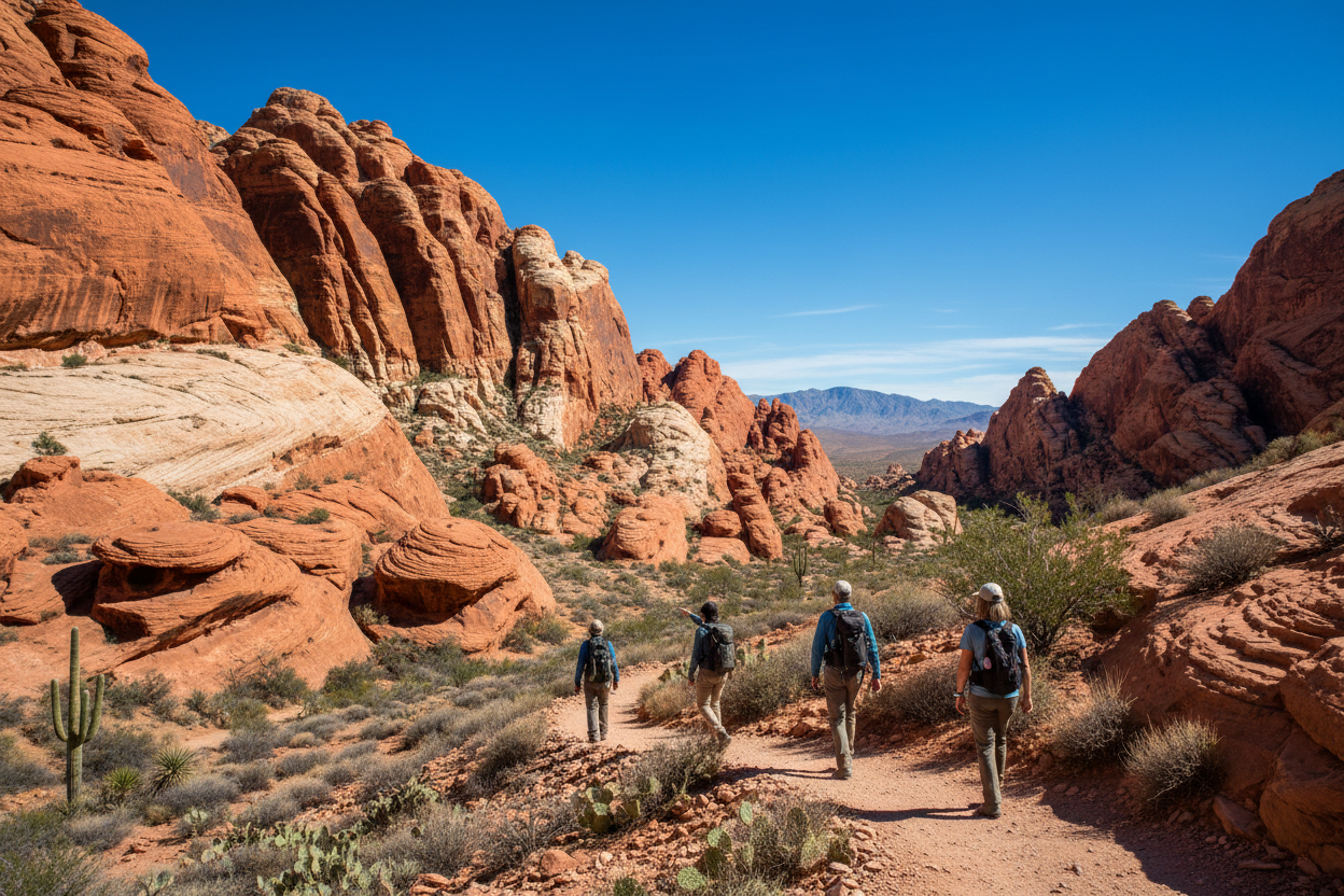 Hikers on scenic trail at Red Rock Canyon