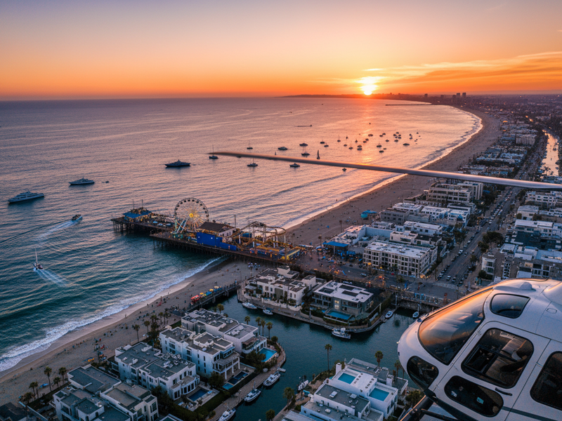 Santa Monica pier and Venice Beach aerial view at sunset