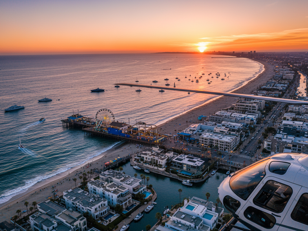 Santa Monica pier and Venice Beach aerial view at sunset