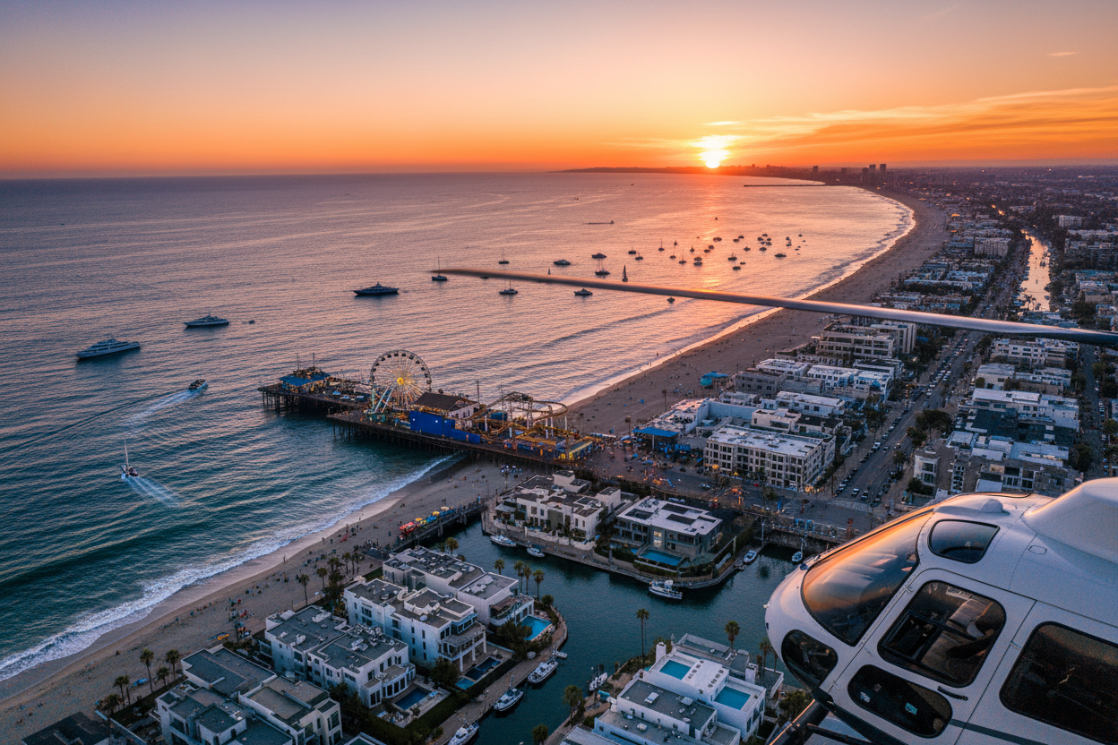 Santa Monica pier and Venice Beach aerial view at sunset