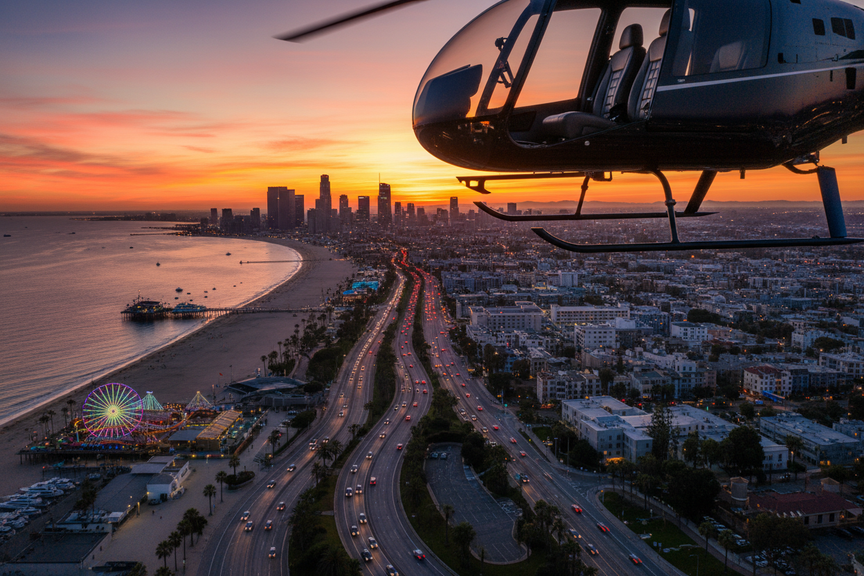 Los Angeles skyline aerial view with Santa Monica beach