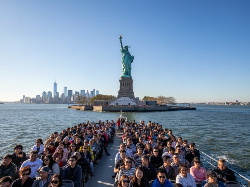 Statue of Liberty on a sunny day with Manhattan skyline