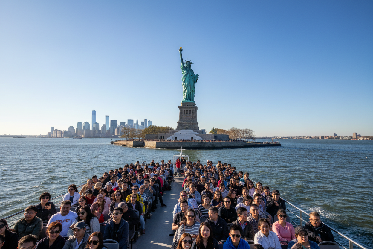 Statue of Liberty on a sunny day with Manhattan skyline