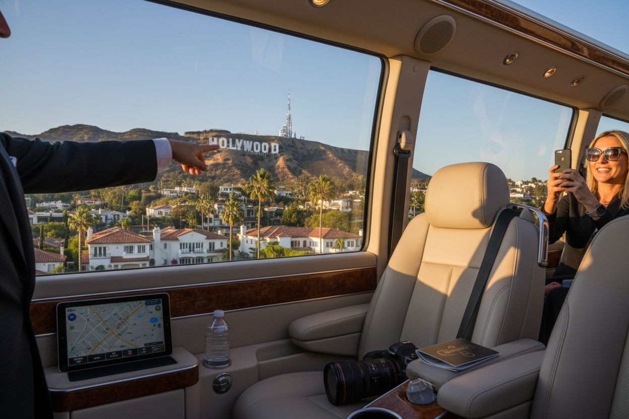 Hollywood sign view from luxury tour vehicle
