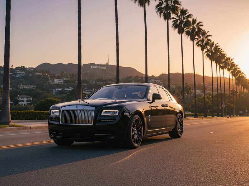Premium black sedan on Sunset Boulevard Los Angeles