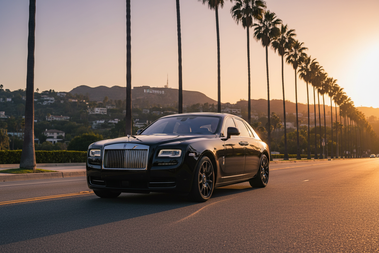 Premium black sedan on Sunset Boulevard Los Angeles