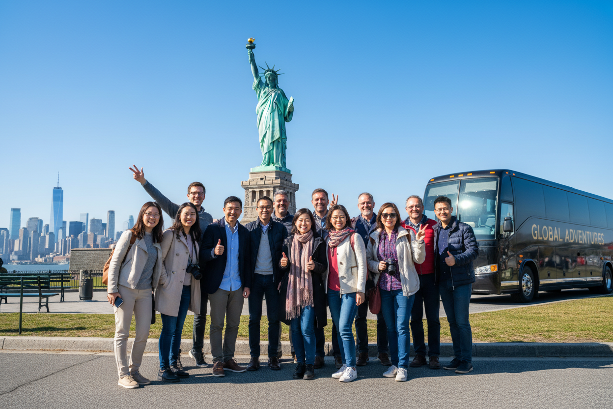 International tourists at Statue of Liberty