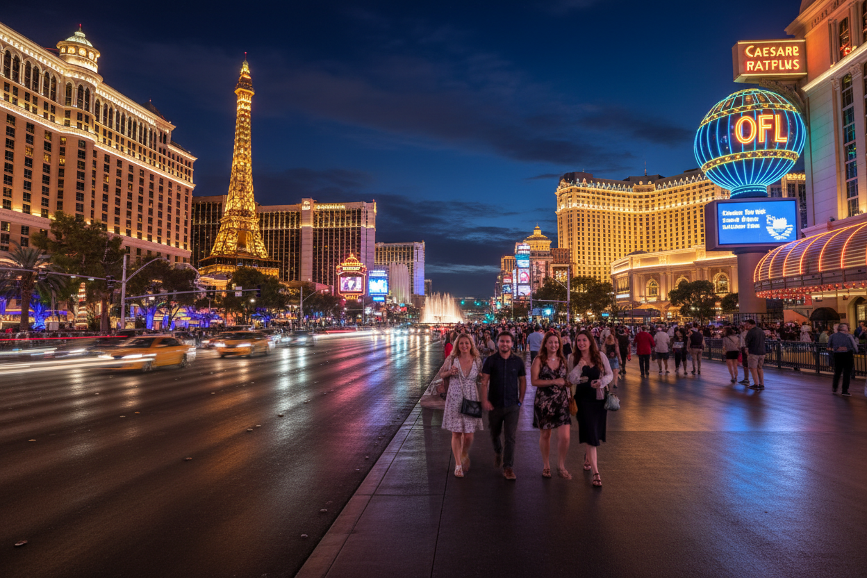 Las Vegas Strip at midnight with dazzling lights