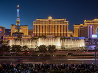 Las Vegas Strip at night with Bellagio fountains
