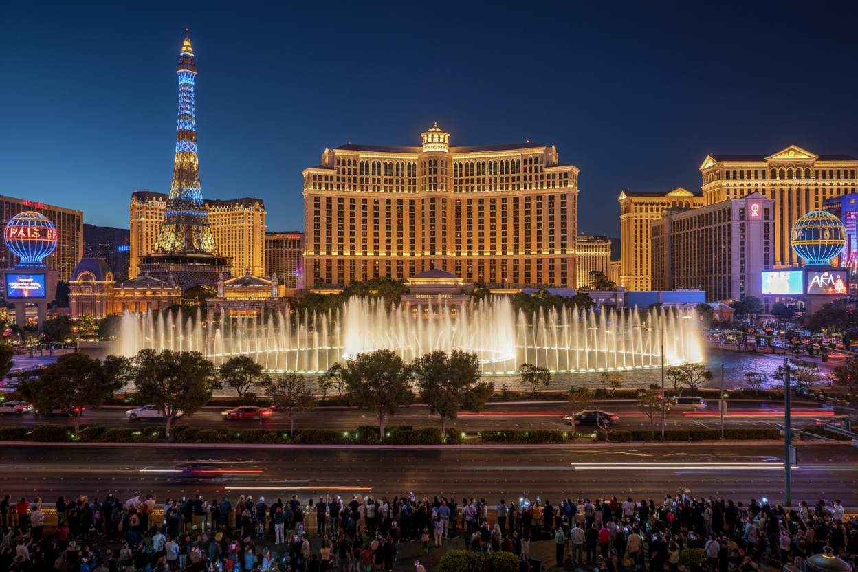 Las Vegas Strip at night with Bellagio fountains