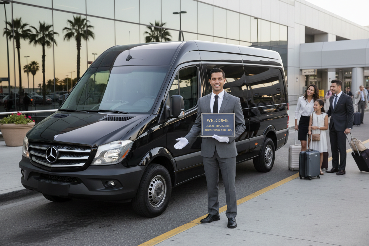 Luxury chauffeur welcoming international tourists at airport