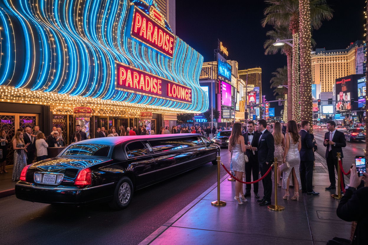 Luxury limo outside glamorous Las Vegas nightclub