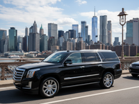 Luxury SUV on Brooklyn Bridge with Manhattan skyline