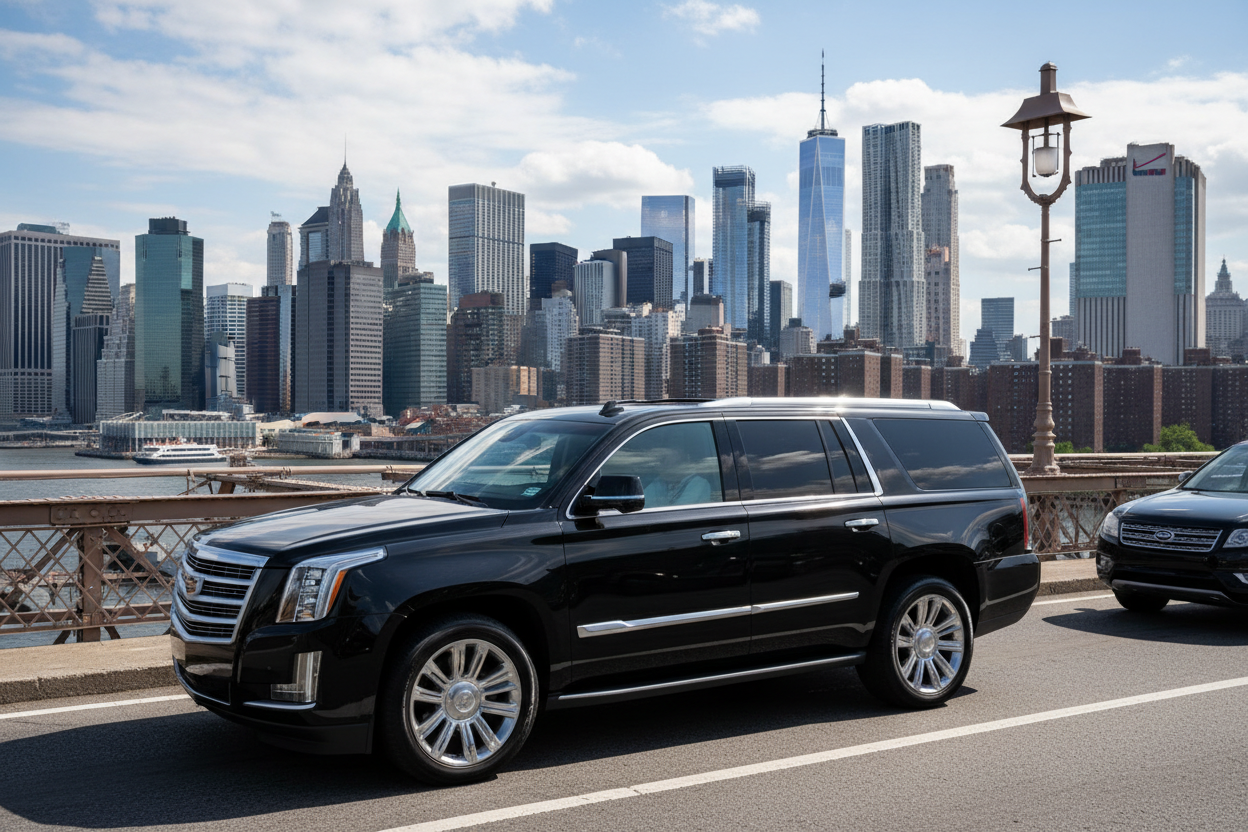 Luxury SUV on Brooklyn Bridge with Manhattan skyline