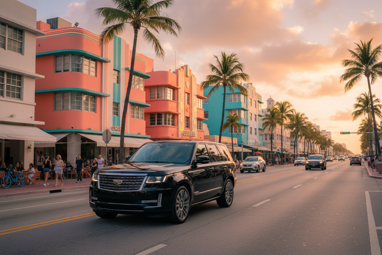 Luxury SUV on Ocean Drive Miami golden hour