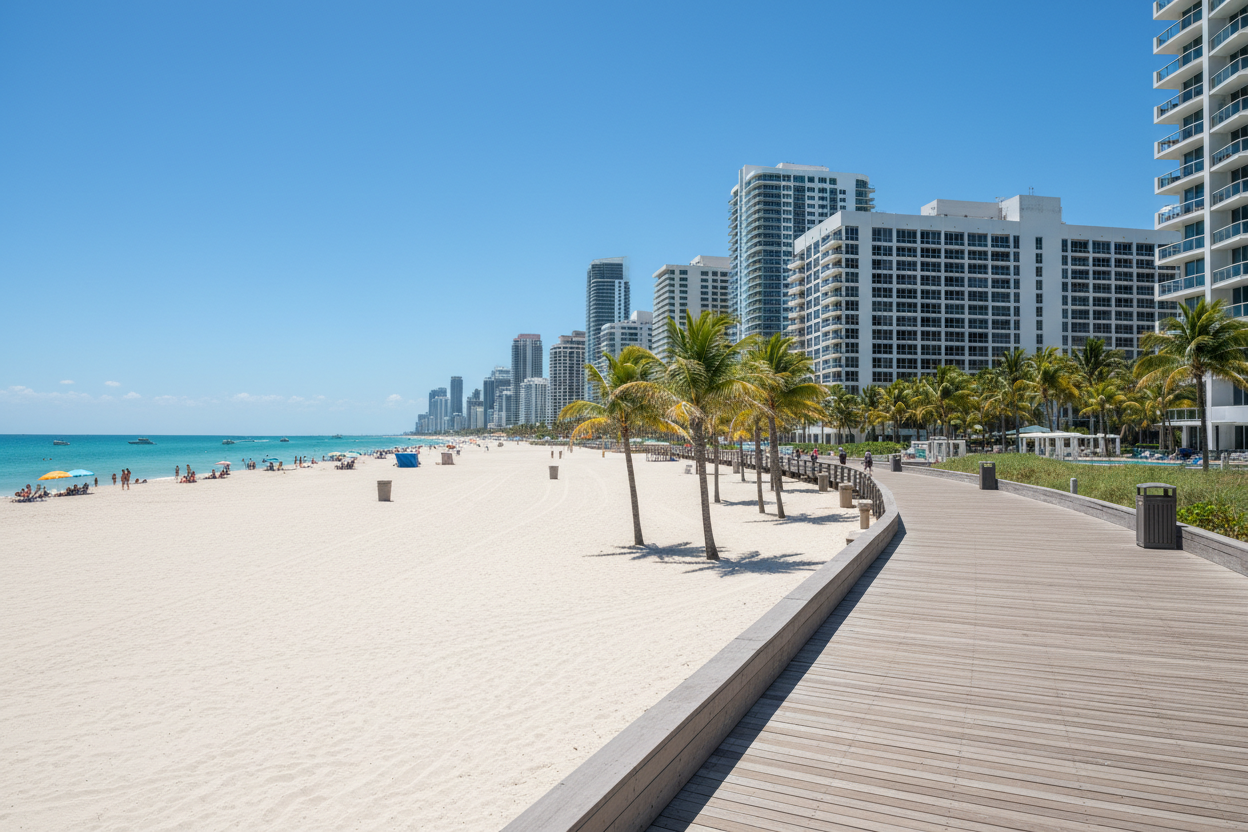 Miami Beach boardwalk with turquoise ocean