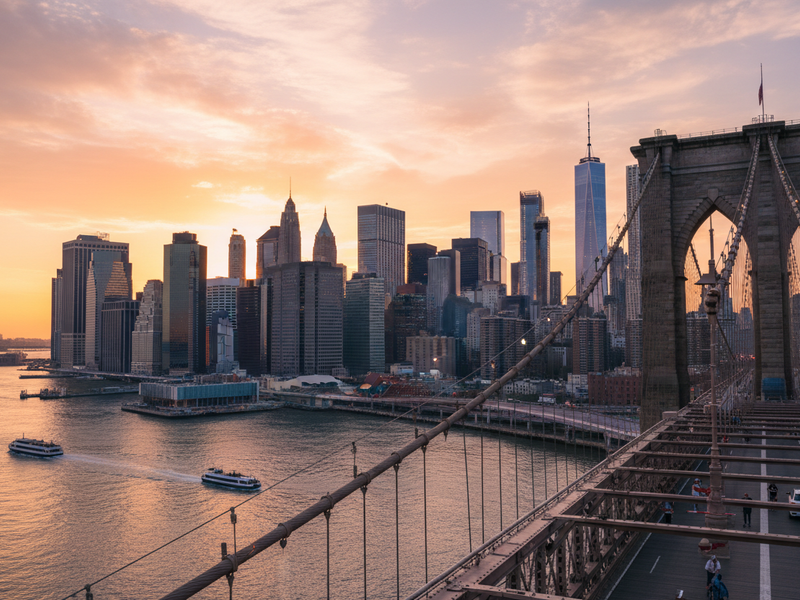 New York City skyline at golden hour from Brooklyn Bridge