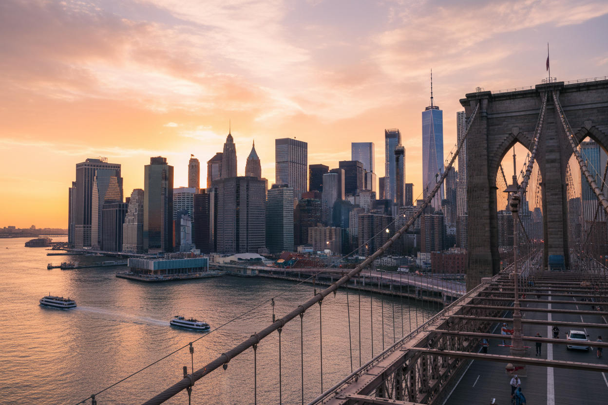New York City skyline at golden hour from Brooklyn Bridge