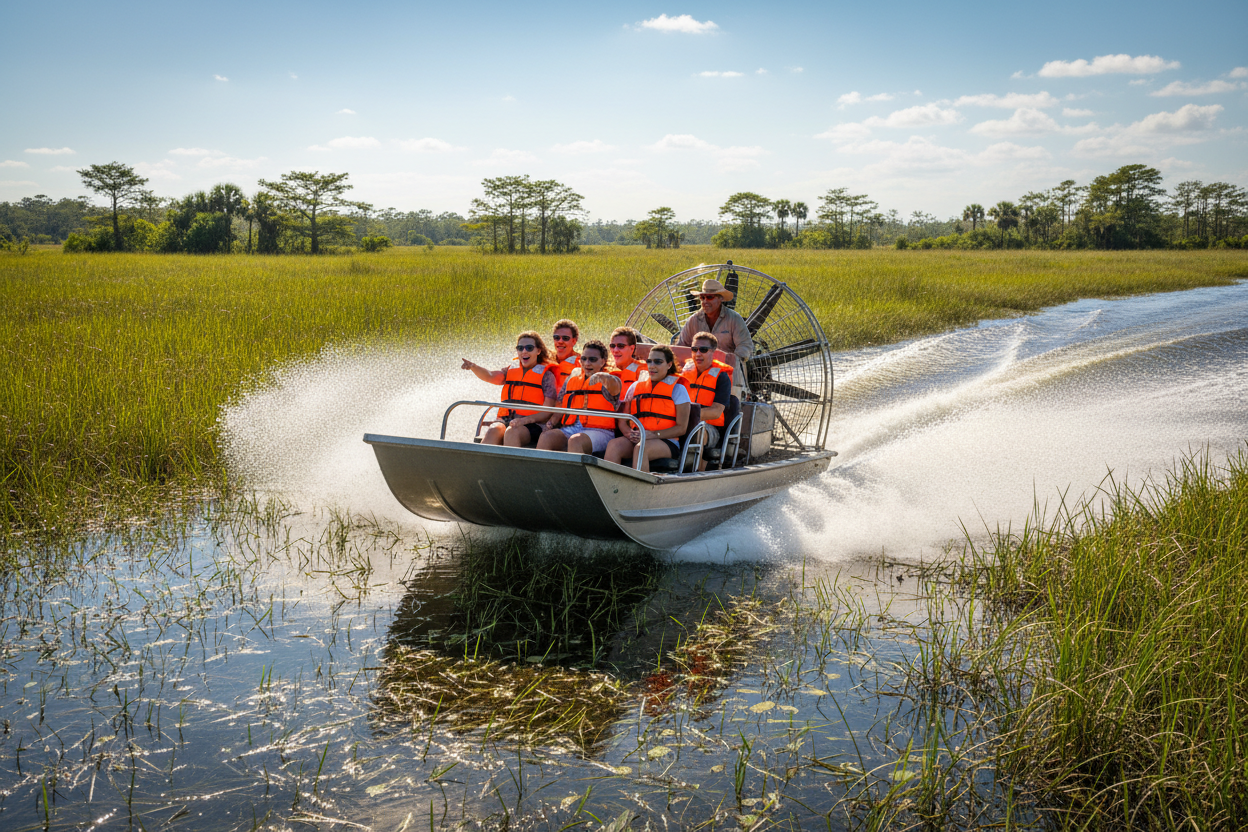 Tourists on airboat through Everglades
