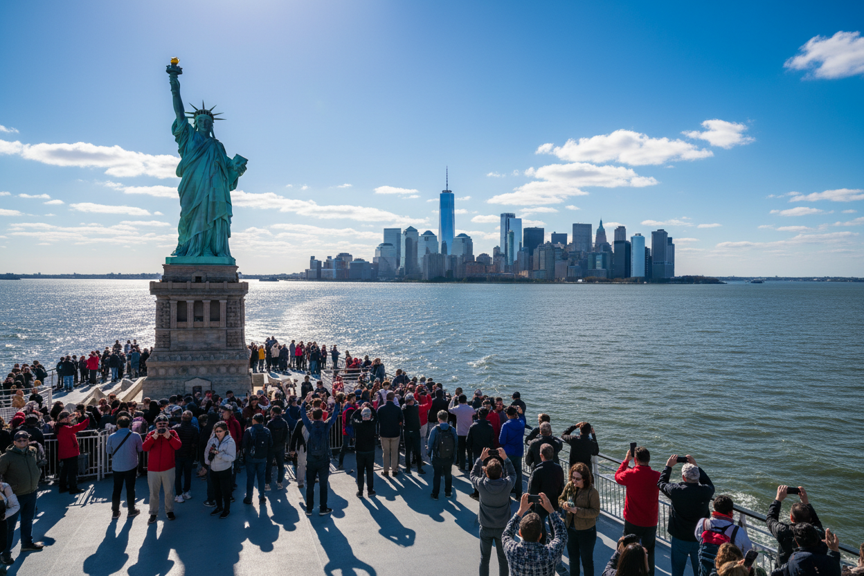Tourists on ferry approaching Statue of Liberty