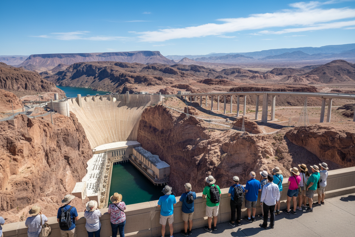 Tourists on Memorial Bridge overlooking Hoover Dam