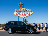 Welcome to Las Vegas sign with luxury SUV