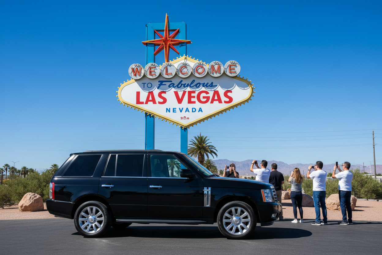 Welcome to Las Vegas sign with luxury SUV
